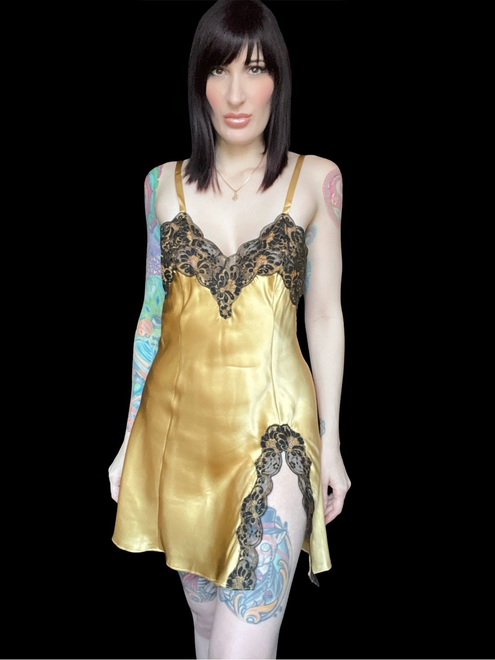Victoria's Secret Gold Satin Chemise Mini Dress w Black Lace Trim & Slit